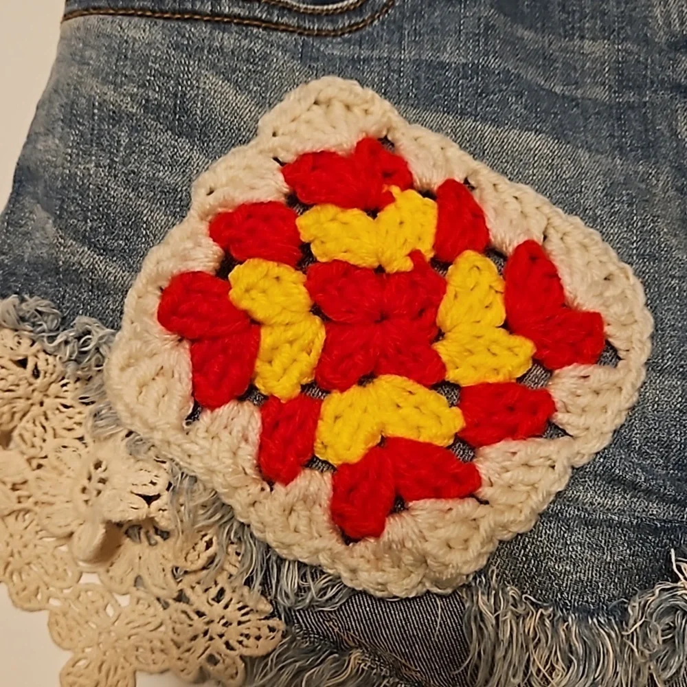Hand Crafted Upcycled Denim Crochet Shorts Granny Square Handmade High rise 29 - Picture 6 of 17